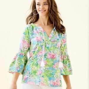 Lilly Pulitzer Del Lago Tunic in Floridita - Pink and Green Flamingo Top